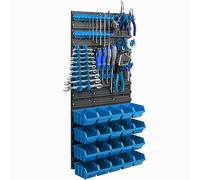 Système de rangement avec 20 boîtes empilables, bacs a bec bleu, panneau porte outils 39 x 78 cm, crochets a outils, supports, atelier garage, banc de travail, etagere outils