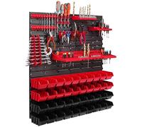 Systeme de rangement mural de garage 78 x 78 cm, 40 boites de rangement bacs a bec rouges noir, etagere outils, tableaux murales, panneau porte outils, etagere extensible, atelier, banc de travail