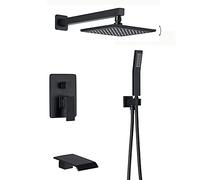Système de robinet de douche Ensemble de mélangeurs, noir mat avec baignoire en cascade, carré 8-10 "Précipitant la tête de douche en céramique Valve mural Système de douche à la pomme de douche