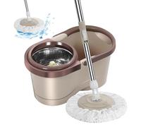 Système de serpillère à essorage automatique - Ensemble serpillère et seau, tête de balai en coton microfibre | Panier en acier inoxydable, balai de nettoyage de sol pour sols stratifiés et surfaces