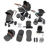 Système de voyage Ickle Bubba Stomp Luxe 12 pièces avec siège auto i-Size Nimbus et base ISOFIX pivotante à 180° - De la naissance à 22 kg (environ 4 ans) (Gris anthracite/Beige, Châssis argenté)