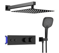 Système Encastré Ensemble de Douche Noir, Douche de Tête Pluie, Pack de Douche y Compris Douchette, Corps en Laiton Thermostat