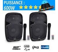 système kit 2 enceintes actifs sur batteries autonomes 8/20cm 600w usb/sd/bt + micros vhf hybrid8vhf-bt + roundiams led rvb