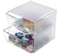 Deflecto Cube, boîte de rangement à 2 tiroirs en polystyrène, dimensions 15,2 x 18,1 x 15,2 cm en Crystal, y compris clip métallique pour l'extension, organisateur pour accessoires de bureau