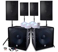 Système Prestations SONO DJ PA Complet 4800W, 4 Enceintes, 2 Subwoofers 18"/46cm USB/BLUETOOTH CABLE PC + Pieds, 4 Lumières LED
