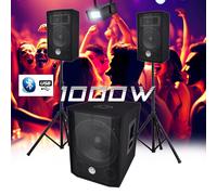 Système triphonique BM SONIC BMS 1208, Caisson bi-amplifié 1000W - USB Bluetooth, câbles, pieds - Mini Strobe en Cadeau