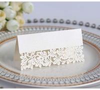 SYSUII Lot de 50 cartons de table - Cartes de place à écrire - Avec feuilles creuses élégantes - En papier nacré - Pour mariage, anniversaire, confirmation, communion, baptême - Beige