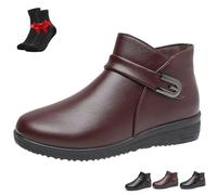 SYT-MD Women's Low Wedge Heel Ankle Booties,Comfortable Soft-Sole Non-Slip Leather Boots, Warm Faux Fur Lined Ankle Booties(Wine Red,37 EU)