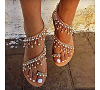 Sytaun Grande Taille Femmes Strass Faux Perle Gland Chaussures D'été Clip Orteil Plat Sandale De Mode Rétro Sandales pour Femmes d'or 35