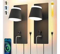 Sytmhoe 2 Pièces Appliques Murales Chambre Avec Prise Usb Type C Port, 3000K 4500K 6000K Dimmable Lampe De Chevet Liseuse Noire Avec Interrupteur, Art Deco Luminaire Mural Pour Salon Hôtel Appartement