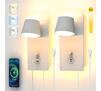 Sytmhoe 2 Pièces Blanc Appliqués Muraux Avec Prise Et Interrupteur Pour Chambre Salon 3000K 4500K 6000K 25W 2000LM, Dimmable Liseuse Murale Avec USB Type C Port Intérieure, Rotatif Lampe De Chevet Led