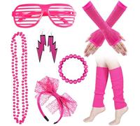 SYTTNUM 80s Retro Neon Lace Accessories Set for Women - 7 PCS Vintage Party Bundle with Fingerless Fishnet Gloves, Earrings,Sunglasses, Lace Headband & Bracelets, Edgy 80s Outfit Combo