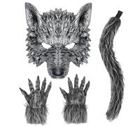 SYTTNUM Déguisement Loup 3 Pièces Masque Queue Gants, Costume Loup-Garou Ultra-Réaliste Pour Enfant Adulte, Tenue Carnaval Halloween Cosplay