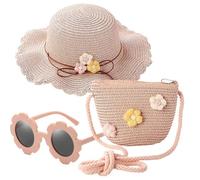 SYTTNUM Rose Chapeaux De Paille Filles Et Lunette De Soleil Et Petit Sac Ensemble Chapeau De Soleil Ensemble avec Fleurs Décoration Produits Tissés De Protection Solaire pour 3-8 Ans Enfant 3 Pièces