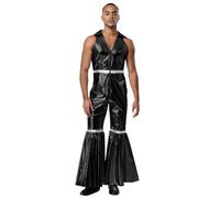 Sywiyi Combinaison disco vintage années 70 pour homme - Combinaison brillante - Avec cordon - Sans manches - Pour le Nouvel An - Pour spectacle de carnaval - Noir - Taille 3XL
