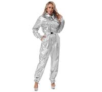 Sywiyi Combinaison longue pour femme - Coupe ample - Métallique - Disco - Carnaval - Argenté - Taille XL