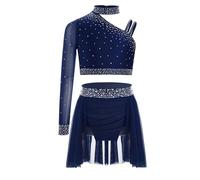 Sywiyi Complet De Ballet Lyrique Contemporain Robe De Ballet pour Enfant Danse Latino Américaine Tango Top Court Asymétrique pour Gymnastique Jupe Danse Samba Rumba Bleu Marine 7-8 Ans