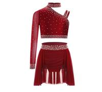 Sywiyi Complet De Ballet Lyrique Contemporain Robe De Ballet pour Enfant Danse Latino Américaine Tango Top Court Asymétrique pour Gymnastique Jupe Danse Samba Rumba Bourgogne 9-10 Ans