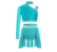 Sywiyi Complet De Ballet Lyrique Contemporain Robe De Ballet pour Enfant Danse Latino Américaine Tango Top Court Asymétrique pour Gymnastique Jupe Danse Samba Rumba Bleu Vert 15-16 Ans