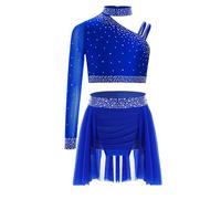 Sywiyi Complet De Ballet Lyrique Contemporain Robe De Ballet pour Enfant Danse Latino Américaine Tango Top Court Asymétrique pour Gymnastique Jupe Danse Samba Rumba Bleu 15-16 Ans