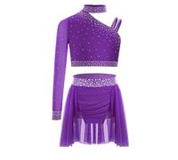 Sywiyi Complet De Ballet Lyrique Contemporain Robe De Ballet pour Enfant Danse Latino Américaine Tango Top Court Asymétrique pour Gymnastique Jupe Danse Samba Rumba Violet 7-8 Ans