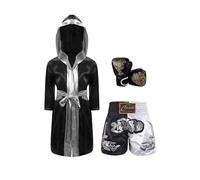 Sywiyi Costume De Boxeur Enfant Peignoir De Boxe Avec Short Muay Thai Kick Boxing Gants Boxe Tenue Kickthai Muay Thai Complet Combat Noir Argent 7-8 ans