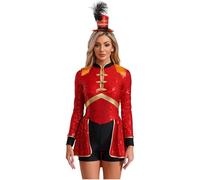 Sywiyi Costume de cirque à paillettes pour femme - Directrice de cirque - Jeu de rôle - Body une pièce avec serre-tête - Fête à thème - Rouge - Taille S