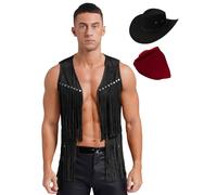 Sywiyi Costume De Cowboy Indien Western Pour Homme Gilet De Cowboy Avec Chapeau Bandana Waistcoat Veste Ouverte Avec Franges Et Rivets Costume Pour Fêtes Carnaval Et Noir L
