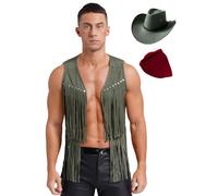 Sywiyi Costume De Cowboy Indien Western Pour Homme Gilet De Cowboy Avec Chapeau Bandana Waistcoat Veste Ouverte Avec Franges Et Rivets Costume Pour Fêtes Carnaval Et Vert armée L
