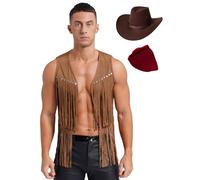 Sywiyi Costume De Cowboy Indien Western Pour Homme Gilet De Cowboy Avec Chapeau Bandana Waistcoat Veste Ouverte Avec Franges Et Rivets Costume Pour Fêtes Carnaval Et Brun XXL
