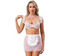 Sywiyi Costume de servante pour femme - Uniforme - Jeu de rôle - Ensemble de lingerie en dentelle - Soutien-gorge avec mini jupe et string - Sous-vêtements de nuit - Rose - Taille S