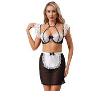 Sywiyi Costume de servante pour femme - Uniforme - Jeu de rôle - Ensemble de lingerie en dentelle - Soutien-gorge avec mini jupe et string - Sous-vêtements de nuit - Noir - Taille M