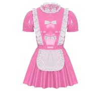 Sywiyi Costume de soubrette pour homme - Lingerie Sissy - En cuir verni - Mini robe à manches courtes - Uniforme de femme - Tenue de cosplay - Crossdressing - B - Rose - Taille 3XL