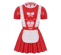 Sywiyi Costume de soubrette pour homme - Lingerie Sissy - En cuir verni - Mini robe à manches courtes - Uniforme de femme - Tenue de cosplay - Crossdressing - B - Rouge - 4XL