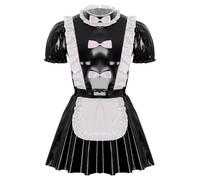 Sywiyi Costume de soubrette pour homme - Lingerie Sissy - En cuir verni - Mini robe à manches courtes - Uniforme de femme - Tenue de cosplay - Crossdressing - B - Noir - XXL