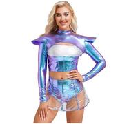 Sywiyi Costume Extraterrestre Femme Déguisement Carnaval Alien Spatial Wetlook Robe Danse Moderne Jazz Hip Hop Crop Top Jupe Déguisements Fête Halloween Noël Coloré XXL