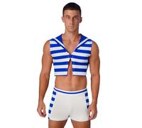 Sywiyi Costume Marin Nautique Homme Rayé Débardage Col En V Avec Boxer Short Tenue Déguisement Jeux De Rôle Costume Carnaval Halloween Noël Bleu L