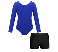 Sywiyi Filles Gymnastique Justaucorps Manches Longues Avec Short Sportif Body De Gymnastique Danse Classique Ballerine Combinaison Entraînement Tenue De Ballet Patinage Bleu foncé et noir 9-10 ans