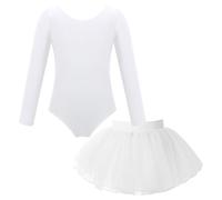 Sywiyi Filles Gymnastique Justaucorps Manches Longues Body Danse Classique Moderne avec Jupe Tutu en Tulle Tenue Patinage Artistique Costume Danse Ballet Latine Blanc 2-3 Ans