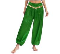 Sywiyi Pantalon de danse long pour femme - Pantalon bouffant avec paillettes - Taille basse - Costume de danse orientale indienne - Costume de fête à thème - Carnaval, vert, S