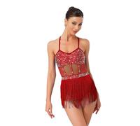 Sywiyi Robe De Bal Latino Américain Tango Cha Cha Femme avec Pompons Et Strass Tenue De Ballet Danse Classique Moderne Samba Rumba Salsa avec Franges Costume De Compétition Bourgogne XL