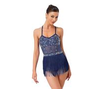 Sywiyi Robe De Bal Latino Américain Tango Cha Cha Femme avec Pompons Et Strass Tenue De Ballet Danse Classique Moderne Samba Rumba Salsa avec Franges Costume De Compétition Bleu Marine L