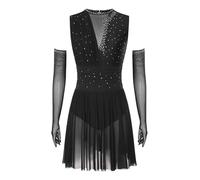 Sywiyi Robe De Ballet Lyrique Contemporaine Femme avec Gants Tenue De Patinage Artistique avec Strass Body Danse Classique Ballerine Costume De Danse Samba Rumba Noir L