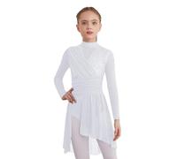 Sywiyi Robe de patinage artistique pour fille - Paillettes - Manches longues - Robe de danse - Robe citrouille - Avec jupe - Ballet - Danse - Entraînement sur scène, Blanc., 146-152