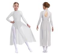 Sywiyi Robe De Patinage Artistique pour Mädchen Maxi Robe De Ballet Danse Classique Ballerine Body Gymnastique Rythmique Costume De Danse Latine Samba Rumba Salsa Blanc 11-12 Ans