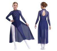 Sywiyi Robe De Patinage Artistique pour Mädchen Maxi Robe De Ballet Danse Classique Ballerine Body Gymnastique Rythmique Costume De Danse Latine Samba Rumba Salsa Bleu Marine 9-10 Ans
