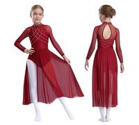 Sywiyi Robe De Patinage Artistique pour Mädchen Maxi Robe De Ballet Danse Classique Ballerine Body Gymnastique Rythmique Costume De Danse Latine Samba Rumba Salsa Bourgogne 11-12 Ans