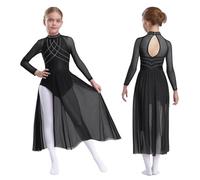Sywiyi Robe De Patinage Artistique pour Mädchen Maxi Robe De Ballet Danse Classique Ballerine Body Gymnastique Rythmique Costume De Danse Latine Samba Rumba Salsa Noir 7-8 Ans