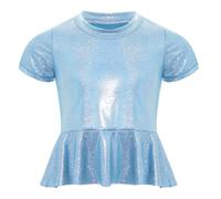 Sywiyi T-shirt à manches courtes pour fille - Tunique avec péplum - Brillant - Haut de danse - Jazz Hip Hop - Tenue de danse pour scène, bleu clair, 98-104