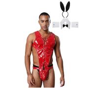 Sywiyi Tenue de cosplay Sissy Bunny pour homme - Body string avec accessoires - Lingerie ouverte - Sous-vêtements de nuit - Rouge - Taille M